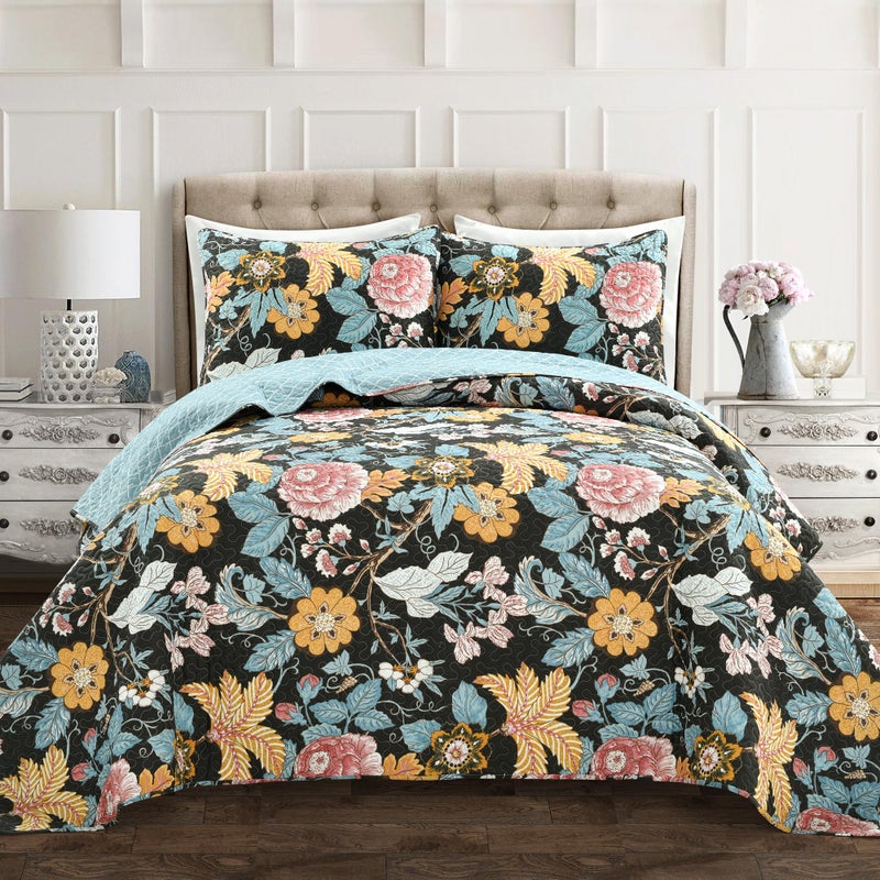 Lush Decor Sydney Reversible Cotton Quilt Set, 3 Piece Set, Full/ Queen, Black & Blue - Cotton Bedding Set - Black Floral Quilt - Cottage Decor - Bedding Queen Size - Image 1